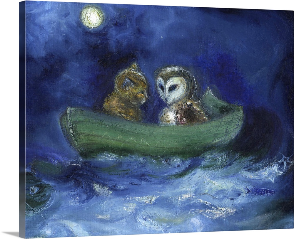 Contemporary painting of an owl and a cat in a green row boat together.