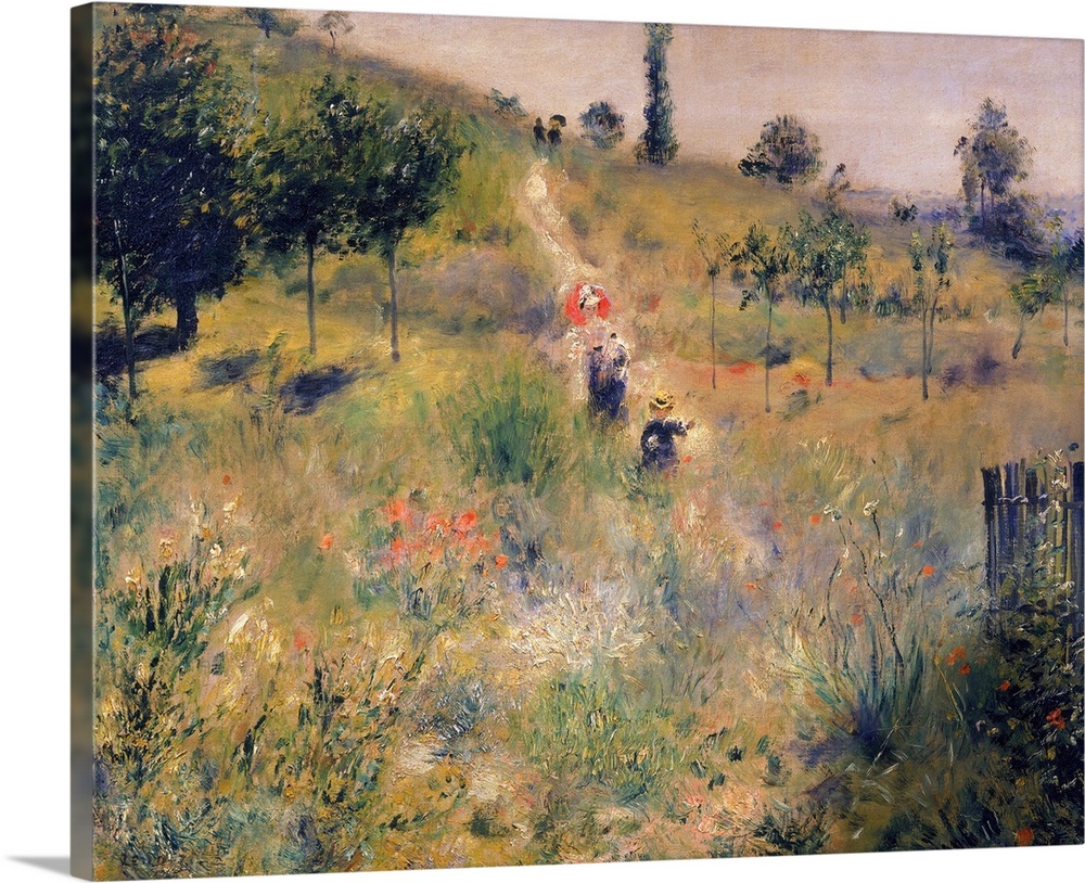 Painting of people walking through a grassy meadow on a narrow dirt road.