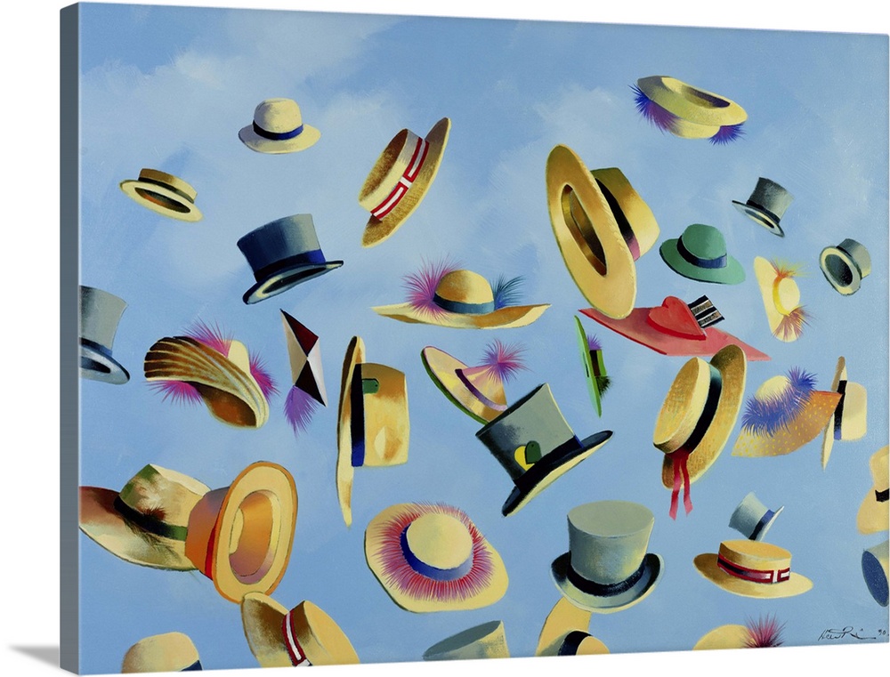 Contemporary painting of several different hats being tossed in the air.