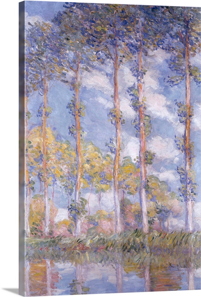 Big, vertical classic painting of a line of tall Poplar trees in front of a blue sky, reflecting in the waters below.