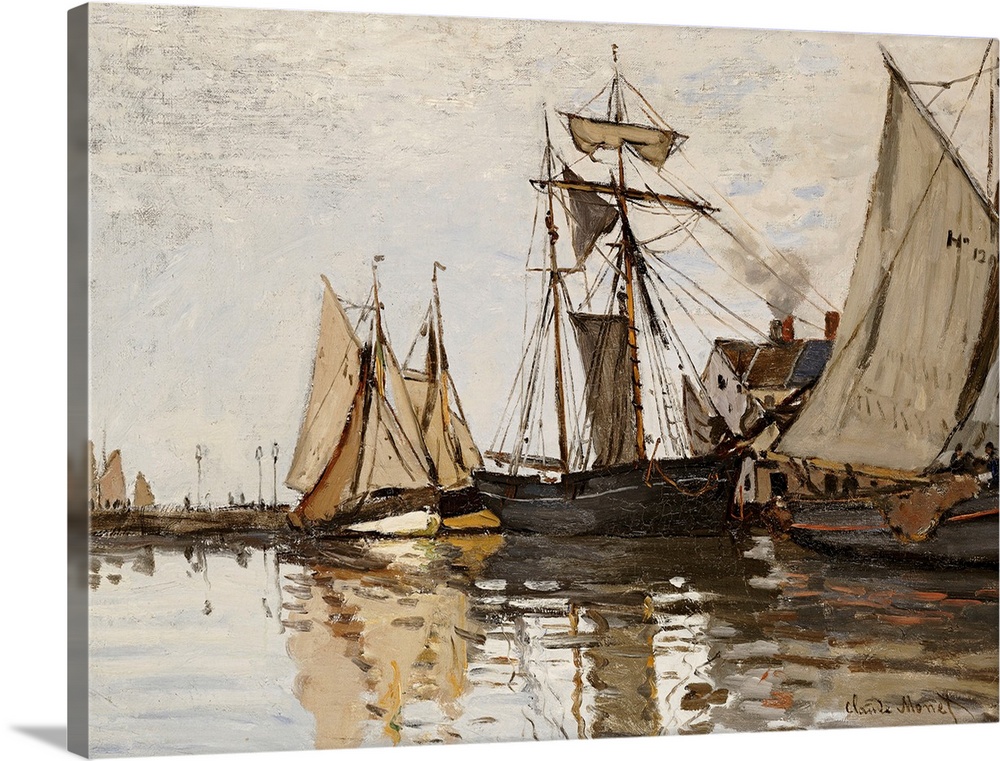 Horizontal, classic painting of several boats in the Port of Honfleur, in calm waters on an overcast day.