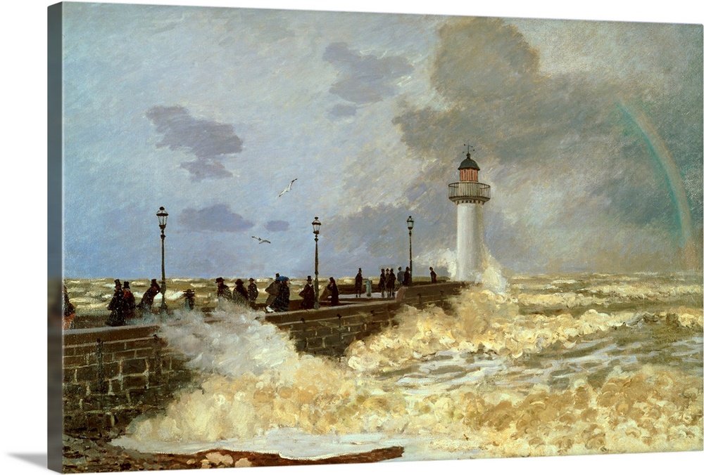 Classic painting of a concrete pier in the ocean with a lighthouse at the end and storm waves splashing against the side w...