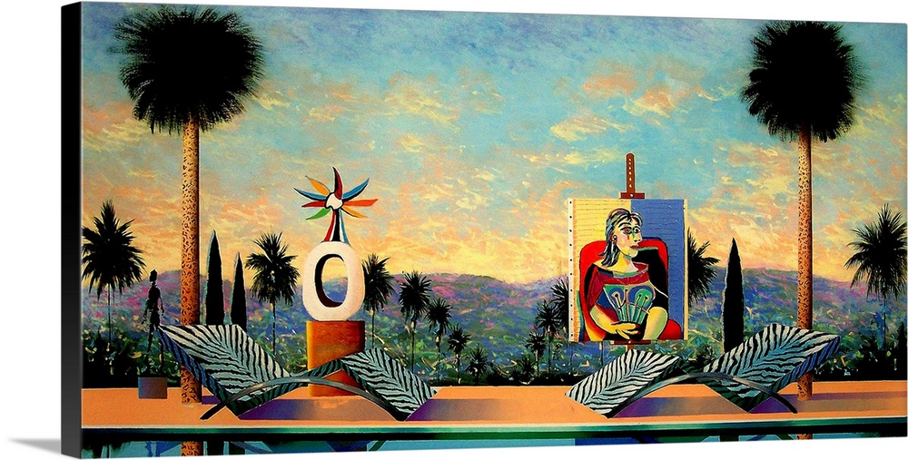 Contemporary expressionist painting of canvases on easels set up outside with lounge chairs.