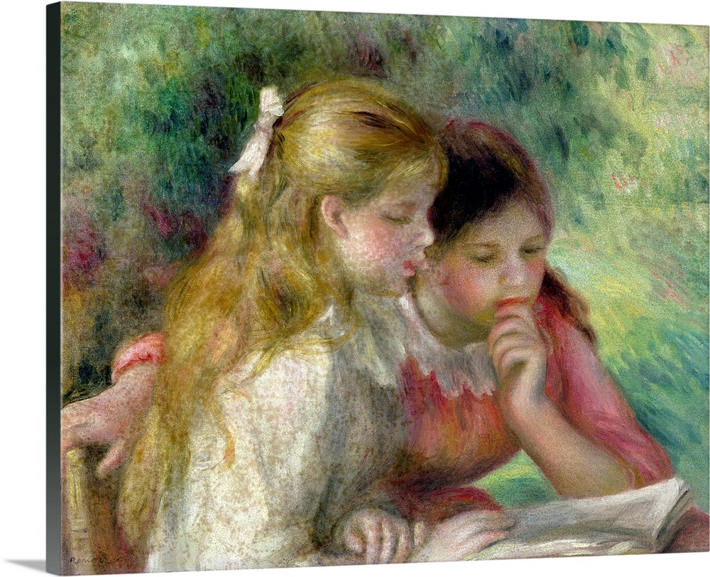 Giant classic art portrays a couple well-dressed young girls studying a book.  Artist places the girls in front of a backg...