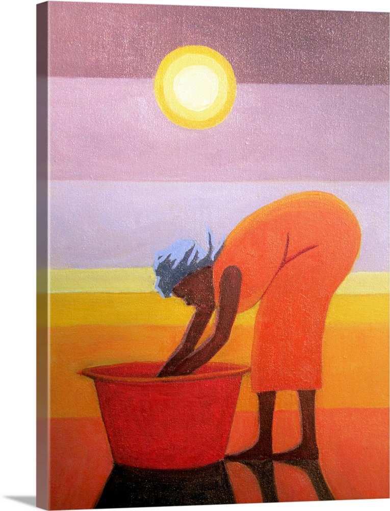 Big, vertical contemporary painting of an African American woman in a dress, bent over with her hands in a large wash tub,...