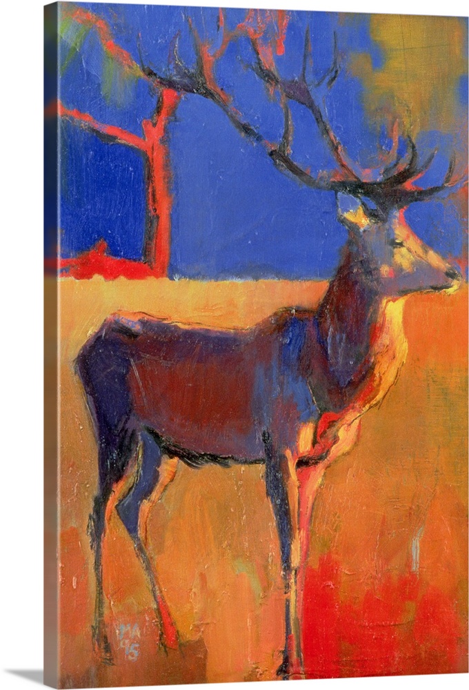 A painting created by a contemporary artist of a deer with enormous antlers standing in an abstract landscape where jagged...