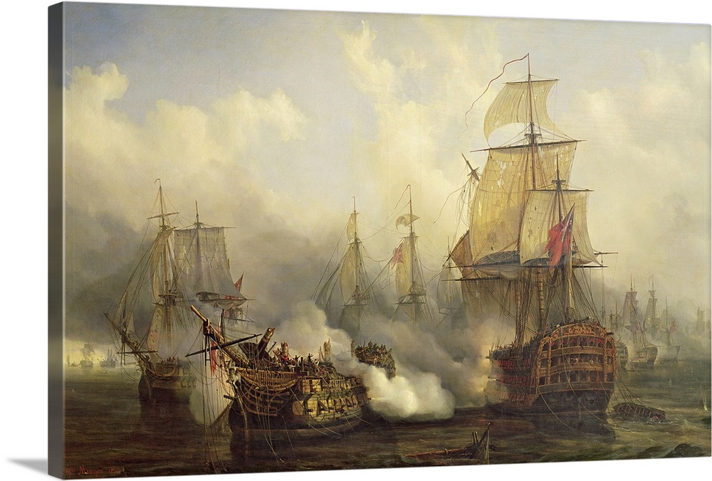 Landscape, large classic painting of several ships battling in the water, clouds of smoke surrounding the ships from canon...