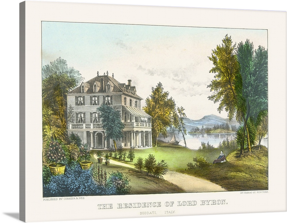 The Residence of Lord Byron (originally hand-coloured lithograph) by Currier, N. (1813-88) and Ives, J.M. (1824-95)