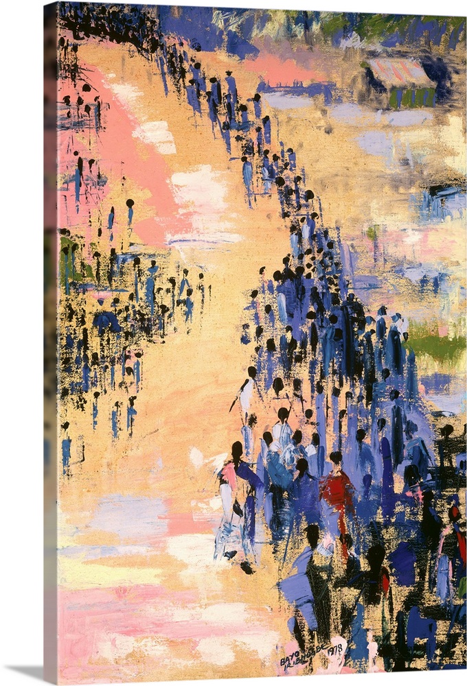 This vertical painting depicts a scene that is an exodus of abstract black figures progressing towards the horizon in this...