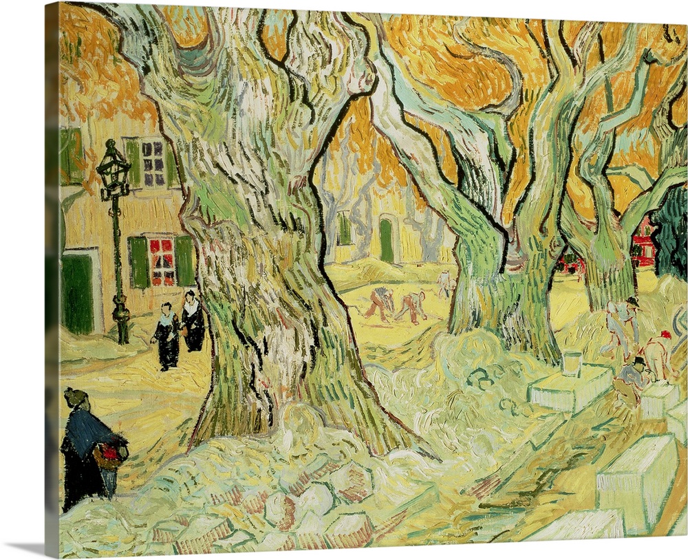 Large trees line the middle of this print with houses and a street just to the left where people are walking. Benches sit ...