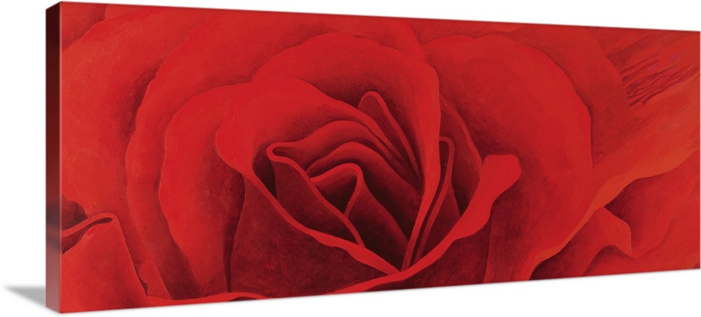 A panoramic shaped painting of close up of a rose blossom.