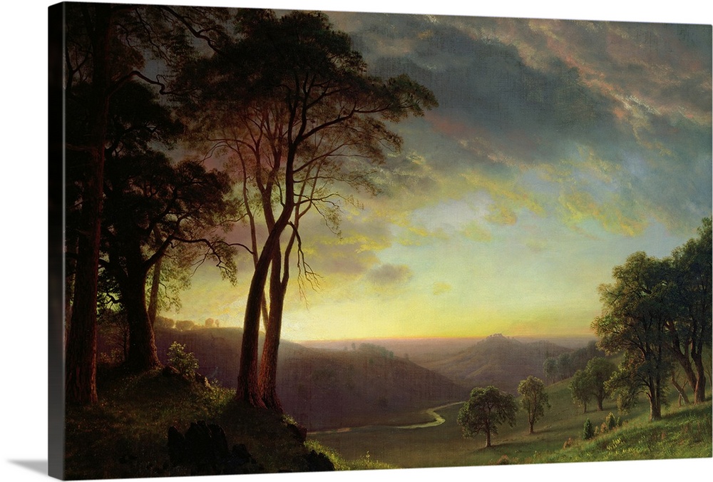 Classic oil painting of the countryside of the Sacramento river valley at sunset.