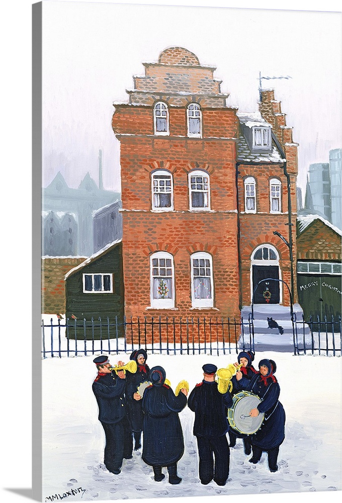 Contemporary painting of a small band playing music outside in the snow.
