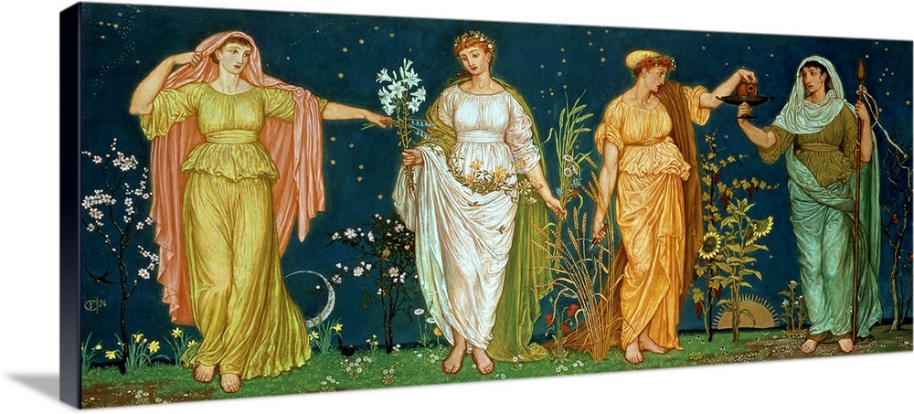 Classic artwork that has four women each representing a different season from spring to winter.