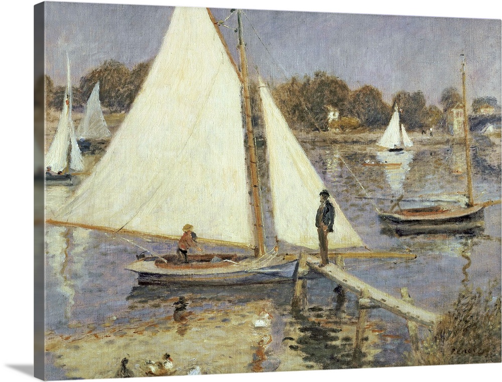 Landscape, classic wall painting of sailboats on the water in Argenteuil, Paris, France.  A man stands on a small dock in ...