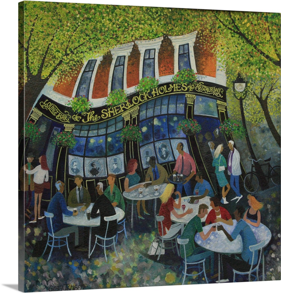 Contemporary painting of people sitting outside at a pub.
