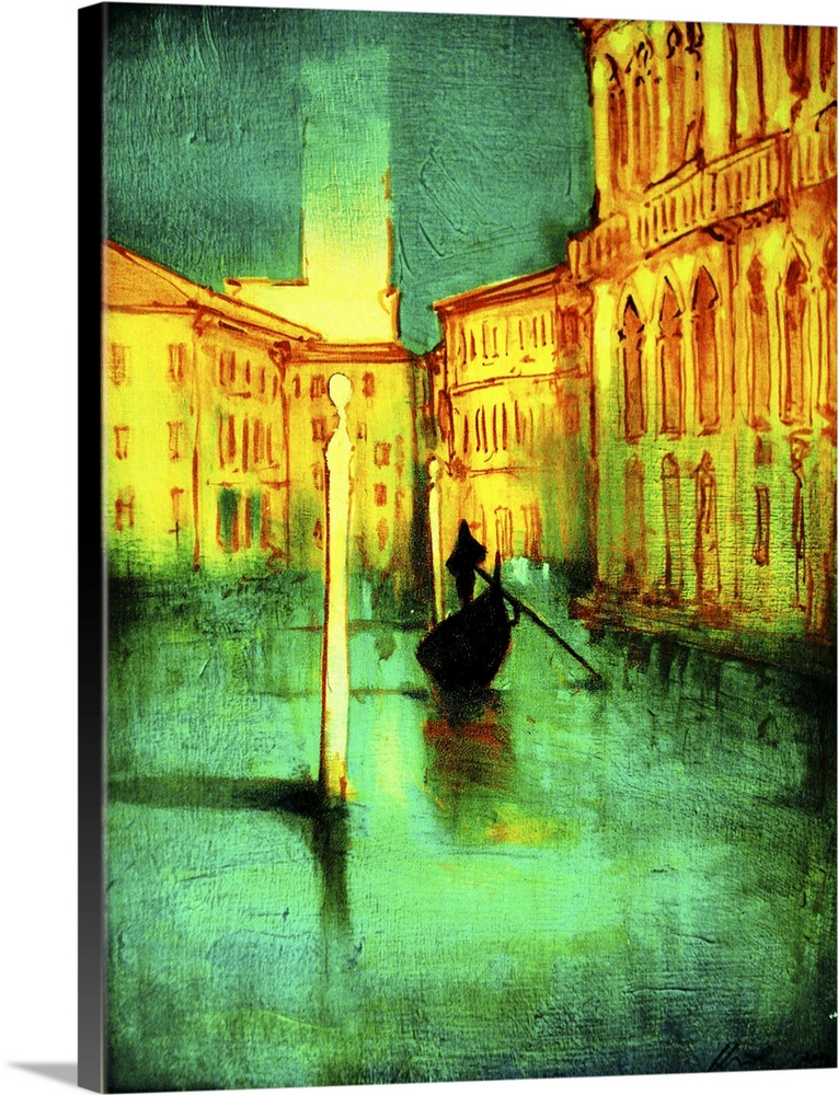 Contemporary artwork of a gondolier on green water of the Venice canals.