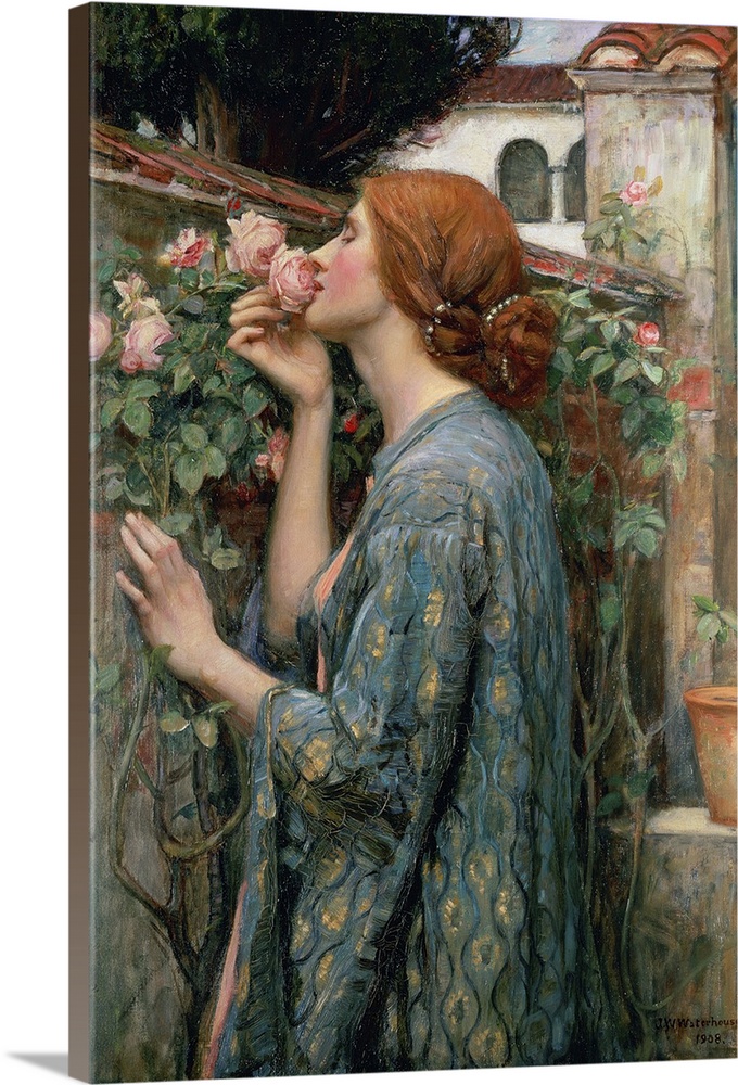 A Pre-Raphaelite painting from the early 20th century of a red haired woman in an embroidered robe inhaling the fragrance ...