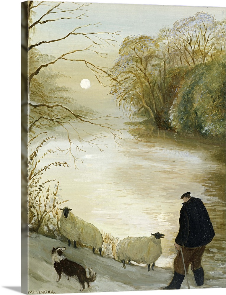 Contemporary painting of a shepherd working outside in the winter.