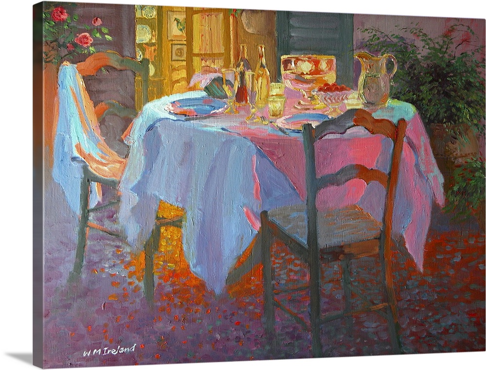 Contemporary artwork of an outdoor table scape for two people during the evening.