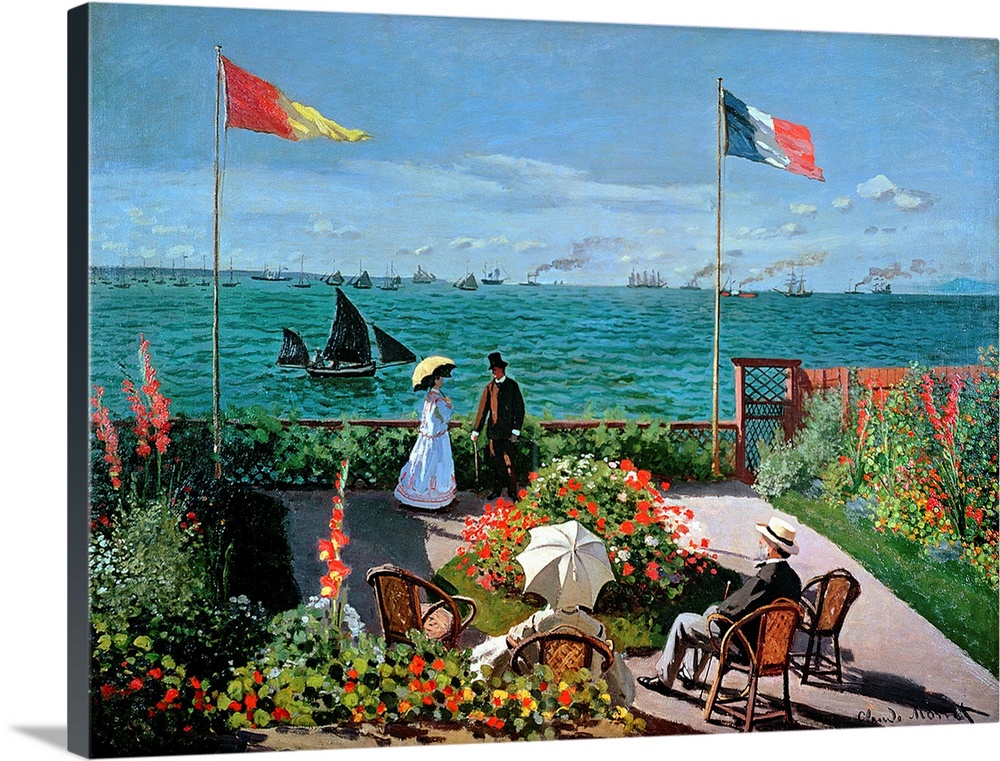 This Impressionist painting shows a man and woman speaking together in a garden where behind them the sea has been painted...