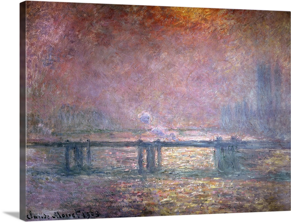Claude Monet's famous impressionalist painting of a bridge stretching across the Thames in England. Painting is dominated ...