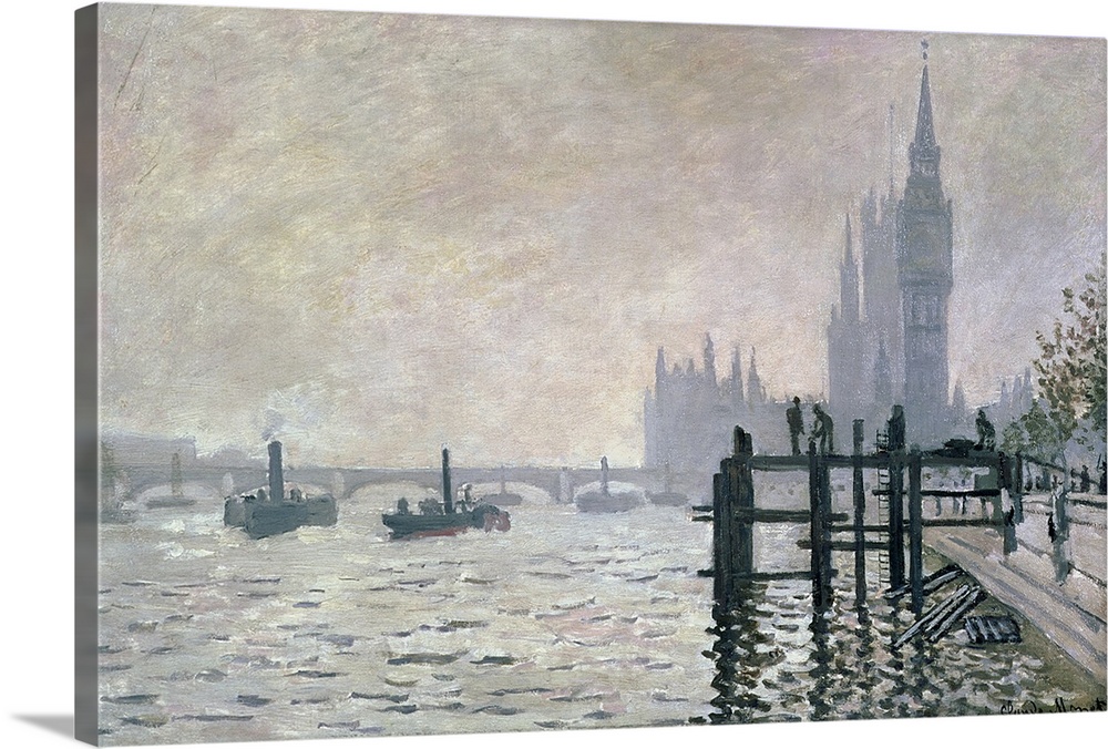 Landscape, oversized wall painting of numerous boats and a dock along the Thames River, below Westminster in London.  Pain...