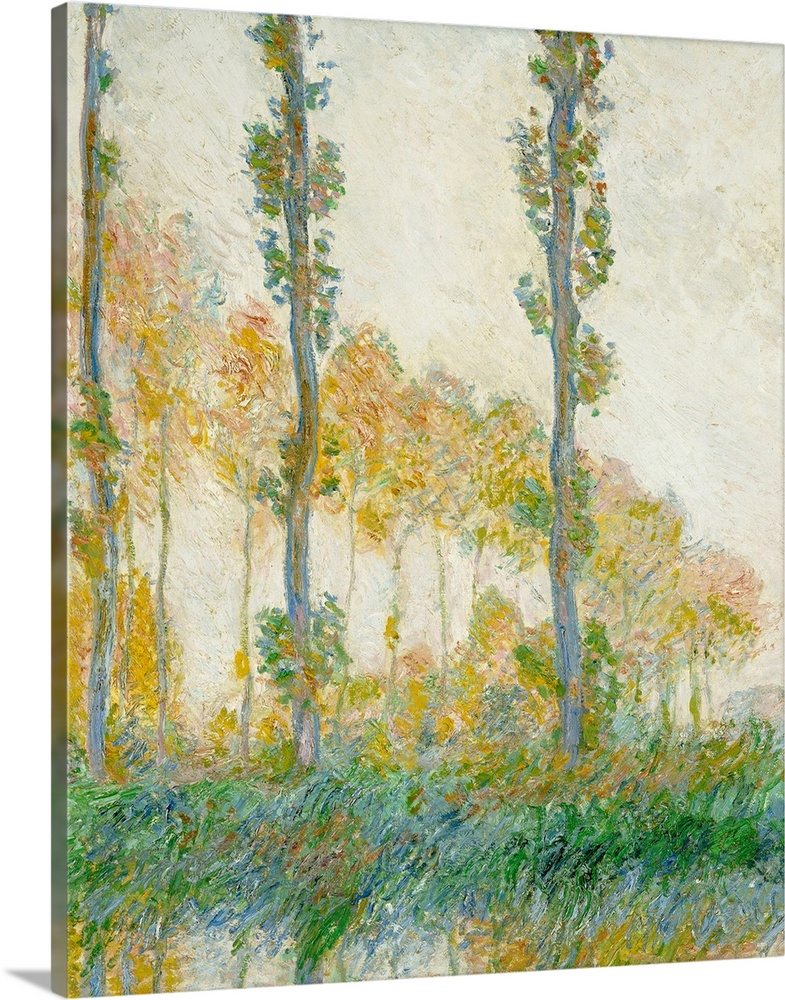 Large oil painting of tall and thin trees lining a waterfront area with tall grass.