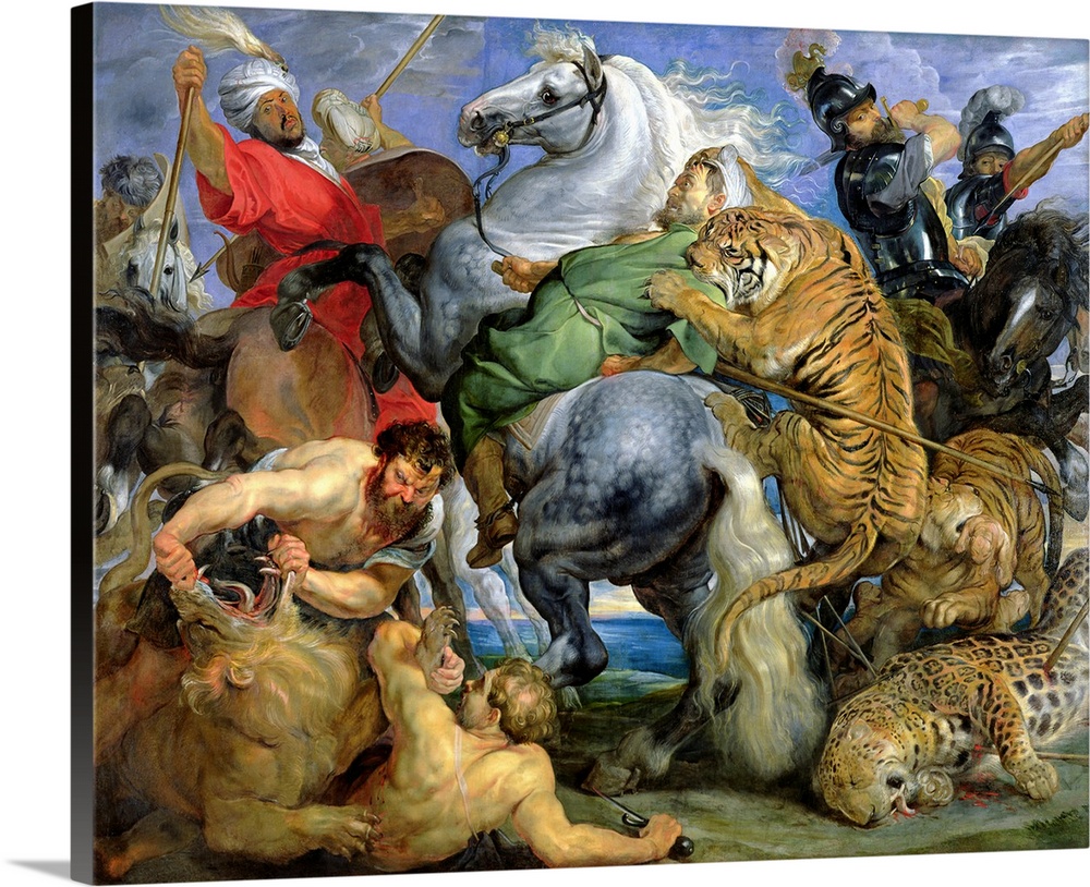 Oil painting of horsemen and wildcats fighting.  One man is wrestling a lion on the ground while one horse back rider is a...