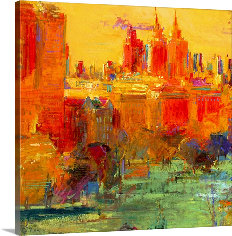 An oil painting that uses bright colors to paint part of the NYC skyline. The bottom of the print consists of trees that l...