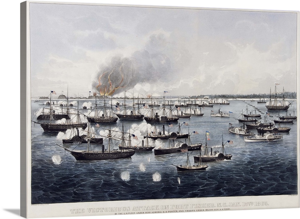 The Victorious Attack on Fort Fisher, pub. 1865, originally a colour litho. By American School.