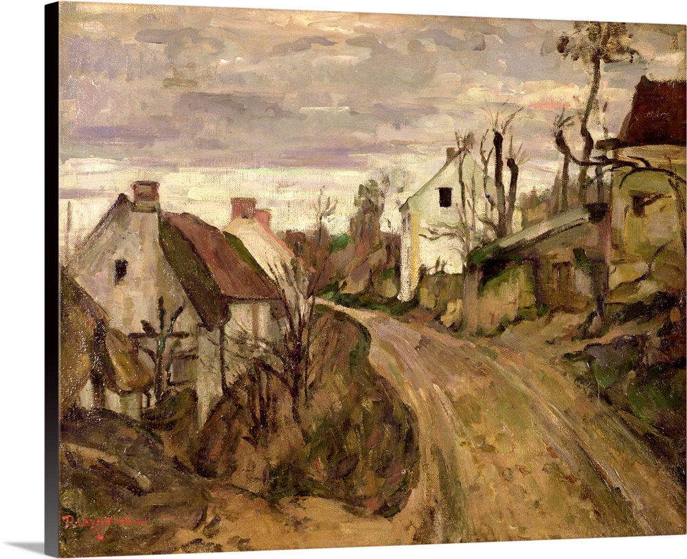 Painting of a dirt road going through a small country town with houses on either side.