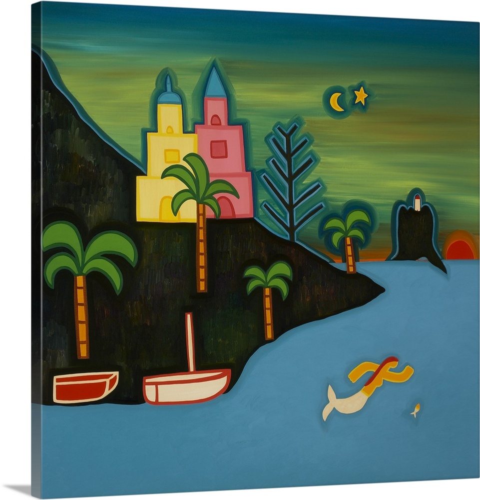 Contemporary painting of a mermaid swimming near a tropical shoreline.