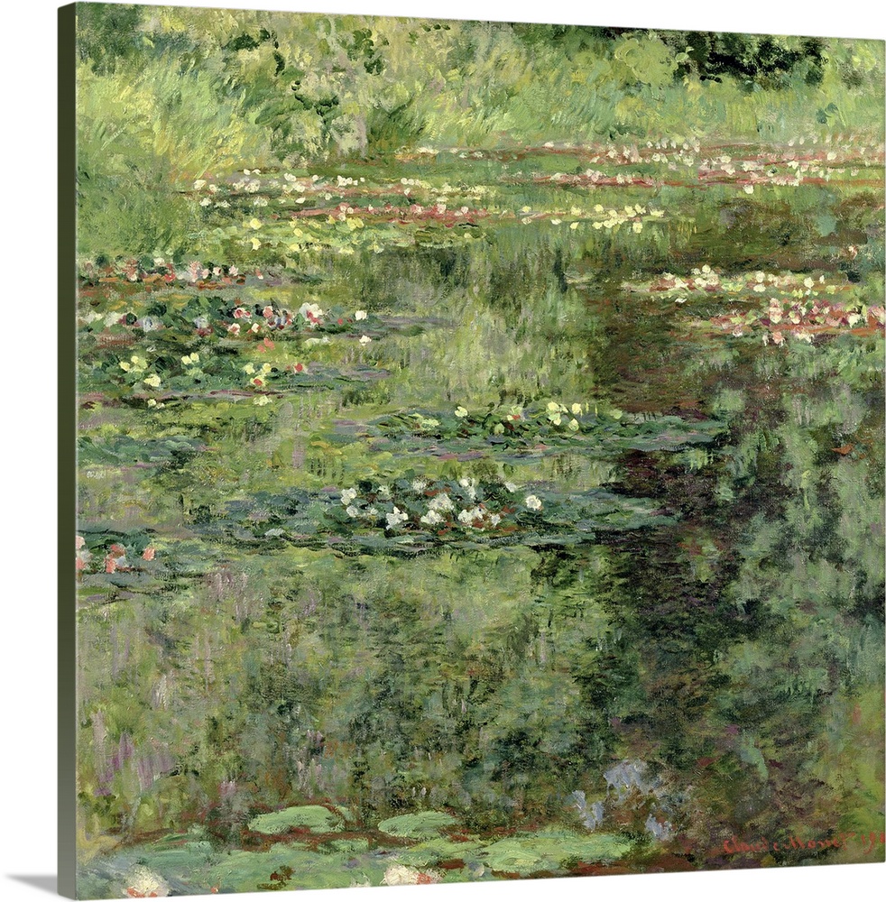 Painting of watter lillies and other growth near a pond.