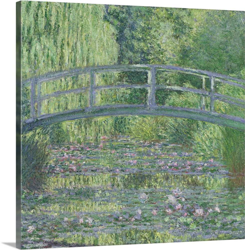 Square shaped artwork of a detail of an Impressionist painting from Giverny showing an arched bridge crossing a pond.