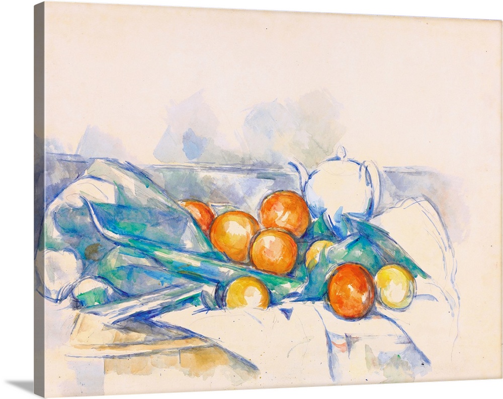 Theiere et oranges (La Nappe), c.1895-1900 (originally gouache, w/c and pencil on paper) by Cezanne, Paul (1839-1906)