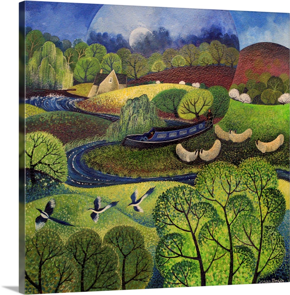 Contemporary painting of three magpies flying over a lush countryside.