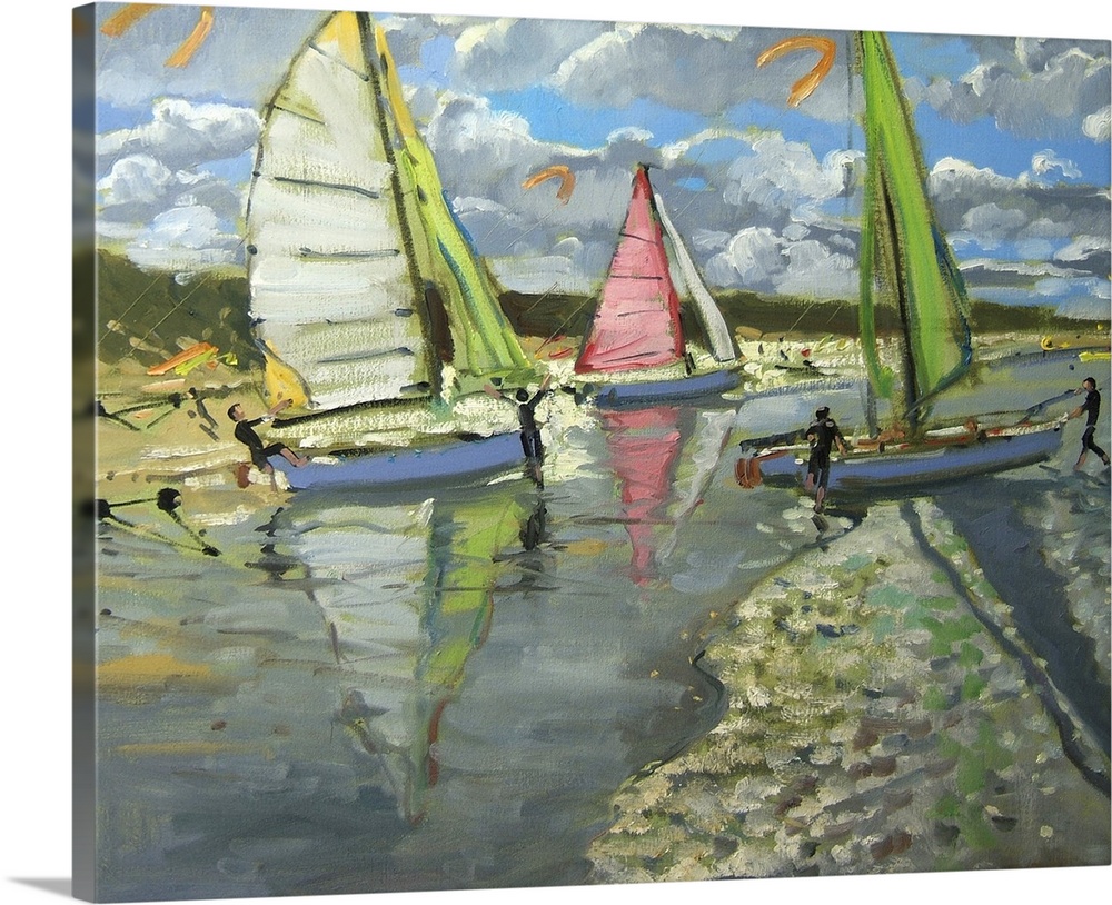 Landscape painting on a large wall hanging of several sailboats headed toward the shore beneath a blue sky with large, flu...