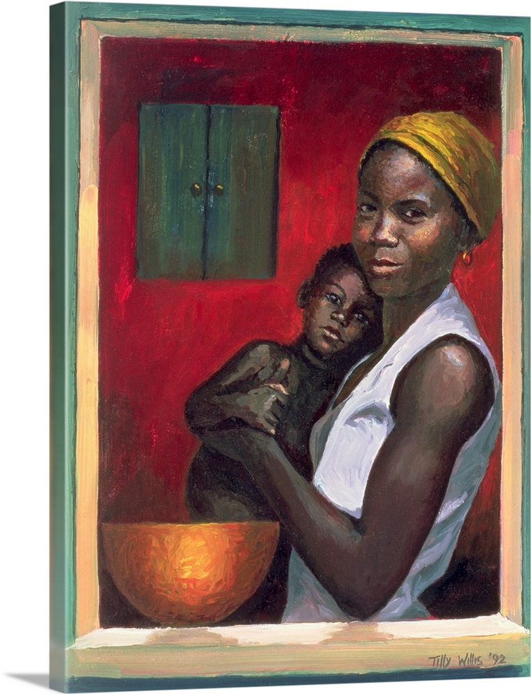 Contemporary painting of a dark-skinned woman holding her young son with a bowl and a cupboard, seen through an open window.
