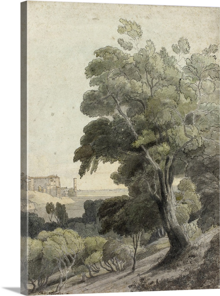 Tivoli, Showing Rome in the Distance, c.1781, pen and black ink and watercolor, with brush and black wash and touches of g...