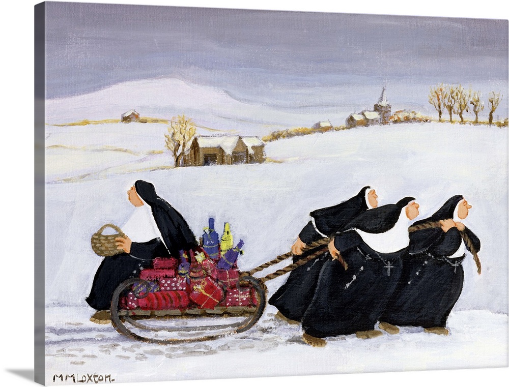 Whimsical painting of nuns pulling a sled full of presents.