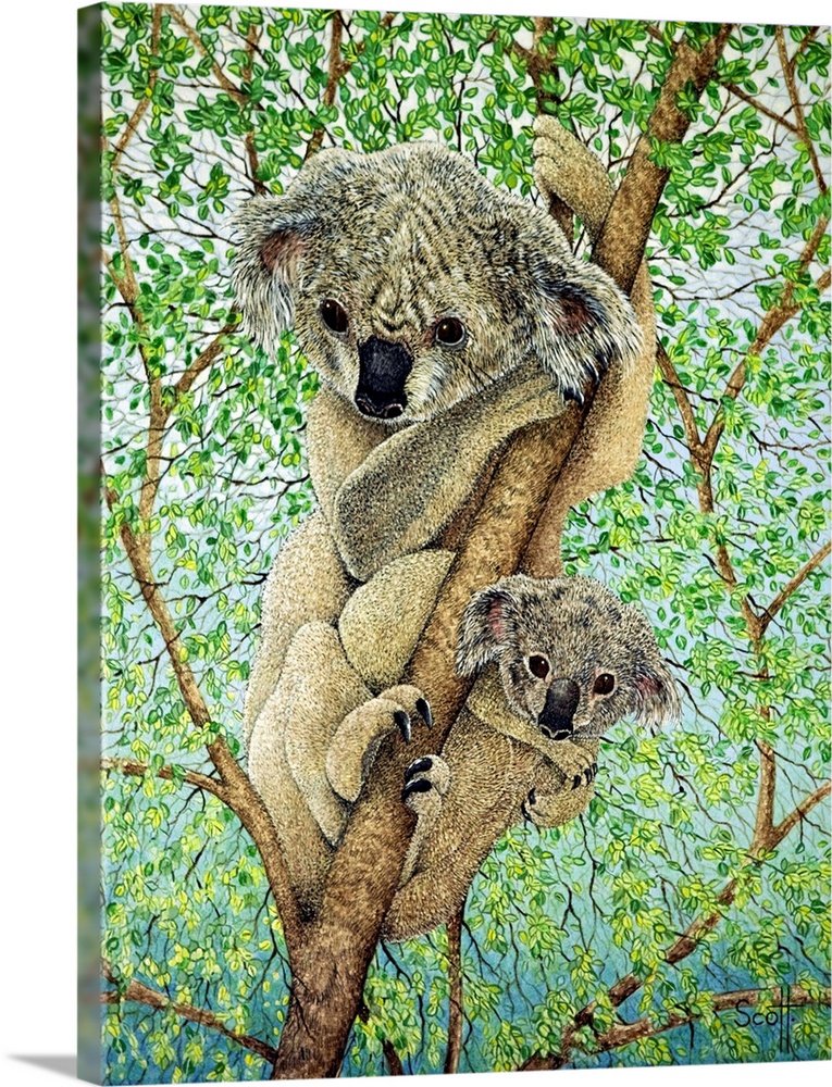 Contemporary painting of a Koala and her baby in a tree.