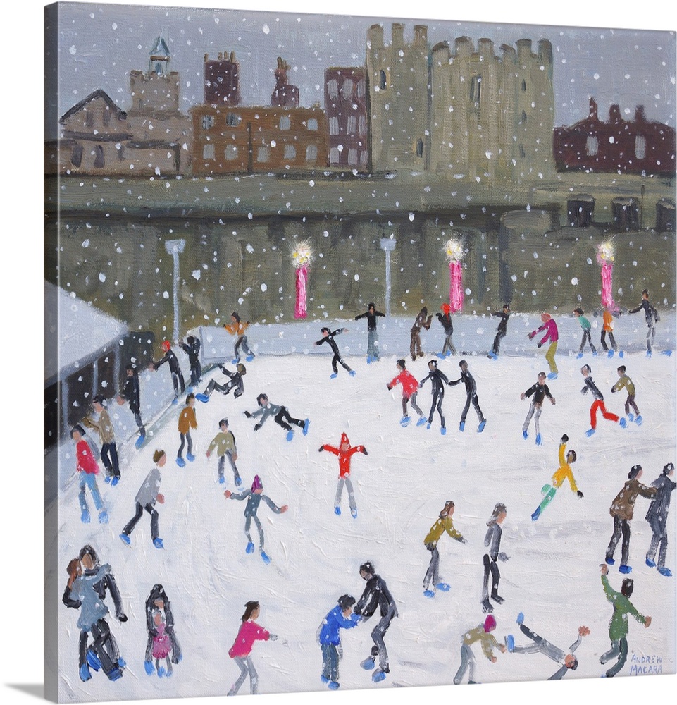 Contemporary painting of a skating rink filled with ice skaters.