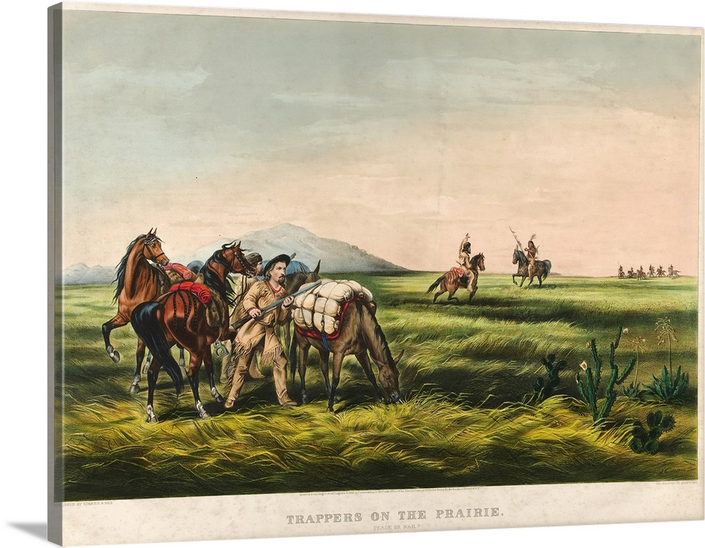 Trappers on the Prairie / Peace or War?, 1866 (originally colour lithograph) by Currier, N. (1813-88) and Ives, J.M. (1824...