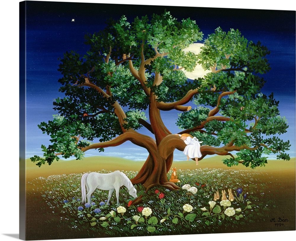 Fantasy painting of a girl sleeping on the branch of a large tree with many animals and plants below her during a full moon.