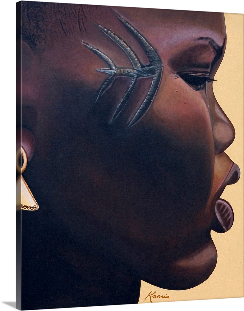 Huge contemporary art focuses on the profile of a young woman's face that has a unique symbol impressioned on it.