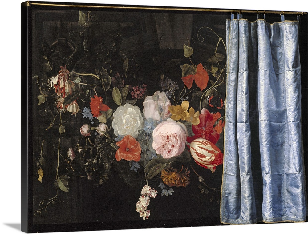 Trompe-l'Oeil Still Life with a Flower Garland and a Curtain, 1658, oil on panel.