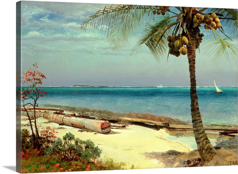 Horizontal classic art painting on a large wall hanging of a coast line, a large palm on the beach, as well as pieces of w...
