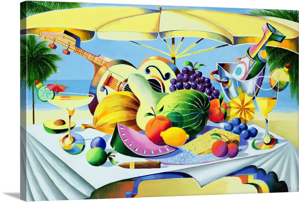 Contemporary painting of a still life of fruit and guitars.