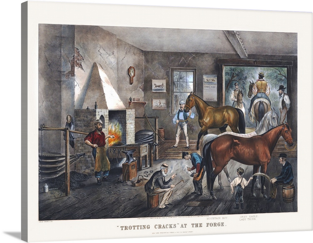Trotting Cracks' at the Forge, 1868 (originally hand-coloured lithograph) by Currier, N. (1813-88) and Ives, J.M. (1824-95)
